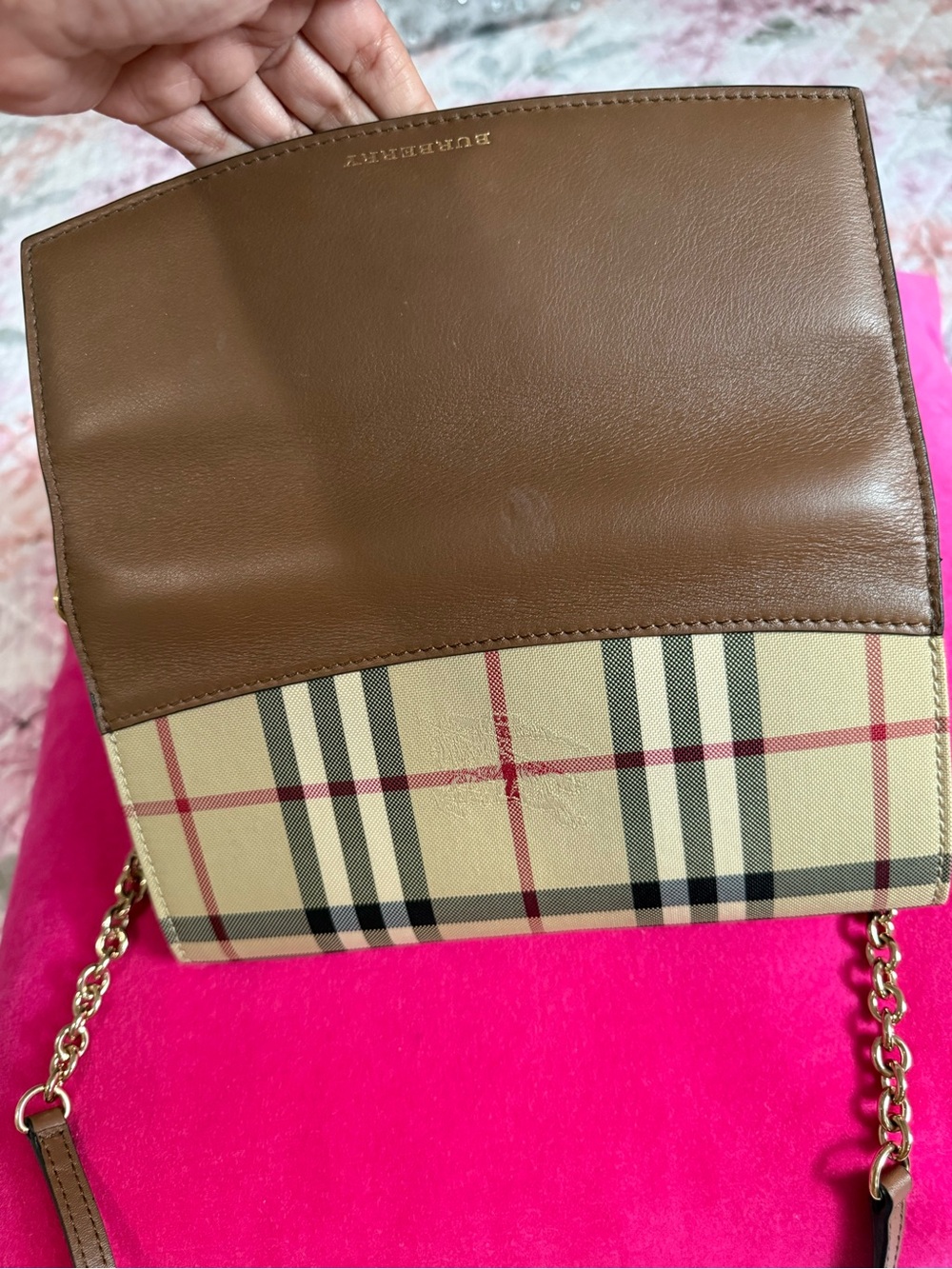 Burberry Brown Leather & Beige Check Crossbody Bag with Gold Chain - Picture 8 of 9
